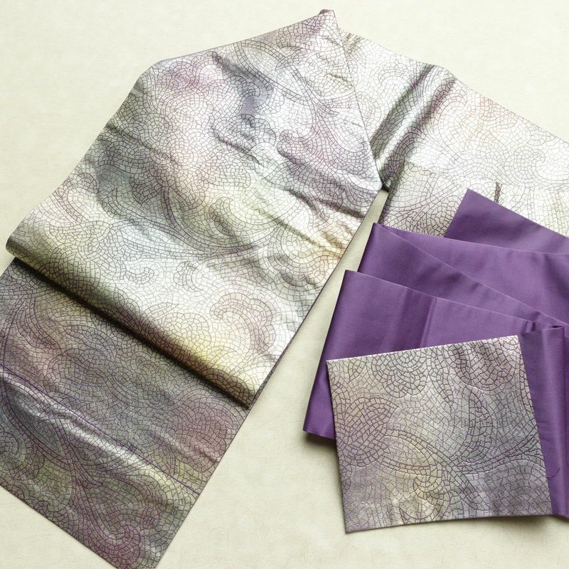 名古屋帯 六通柄 正絹 幾何学柄・抽象柄 名古屋仕立て なごや帯 比翼仕立て リサイクル帯 帯 箔 紫・藤色_画像17