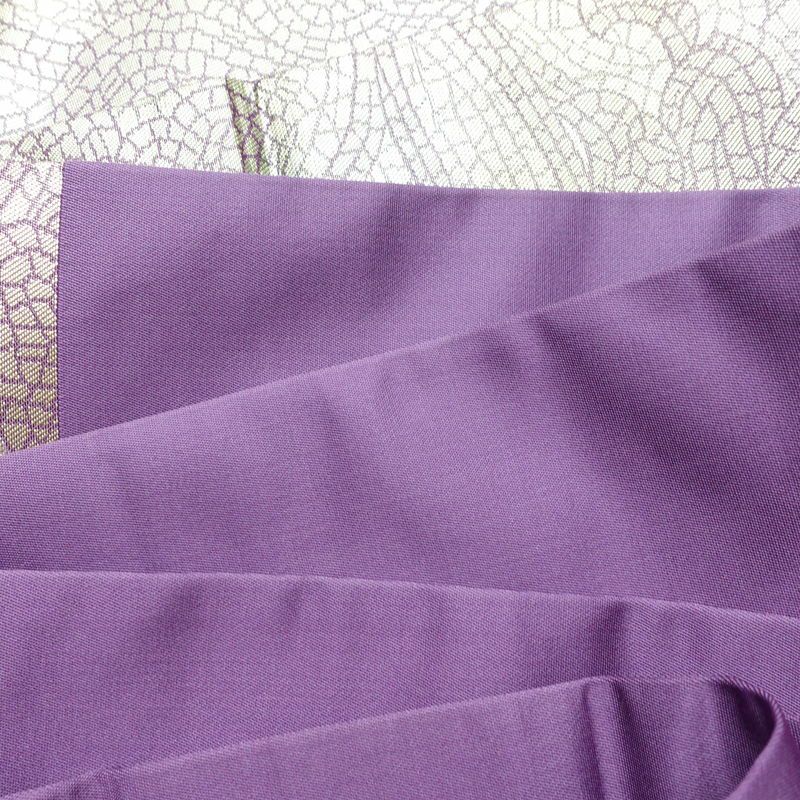 名古屋帯 六通柄 正絹 幾何学柄・抽象柄 名古屋仕立て なごや帯 比翼仕立て リサイクル帯 帯 箔 紫・藤色_画像18