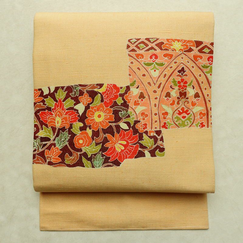 名古屋帯 太鼓柄 良品 しつけ糸付き 正絹 花柄 名古屋仕立て なごや帯 リサイクル帯 帯 金彩 モダン 橙_画像1