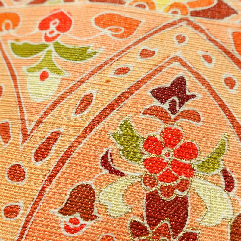 名古屋帯 太鼓柄 良品 しつけ糸付き 正絹 花柄 名古屋仕立て なごや帯 リサイクル帯 帯 金彩 モダン 橙_画像6