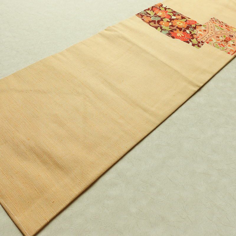 名古屋帯 太鼓柄 良品 しつけ糸付き 正絹 花柄 名古屋仕立て なごや帯 リサイクル帯 帯 金彩 モダン 橙_画像8