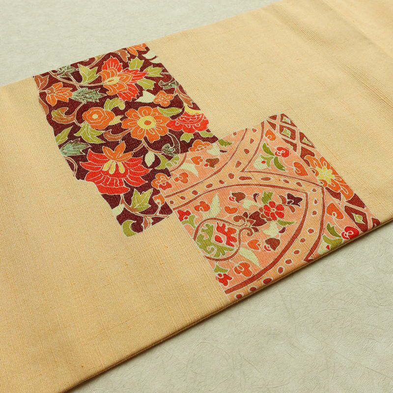 名古屋帯 太鼓柄 良品 しつけ糸付き 正絹 花柄 名古屋仕立て なごや帯 リサイクル帯 帯 金彩 モダン 橙_画像11