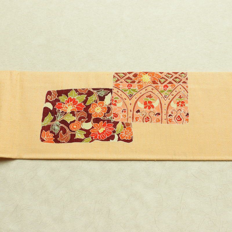 名古屋帯 太鼓柄 良品 しつけ糸付き 正絹 花柄 名古屋仕立て なごや帯 リサイクル帯 帯 金彩 モダン 橙_画像13