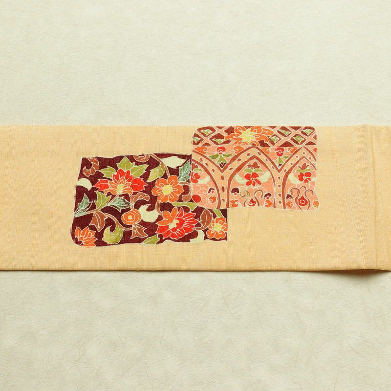 名古屋帯 太鼓柄 良品 しつけ糸付き 正絹 花柄 名古屋仕立て なごや帯 リサイクル帯 帯 金彩 モダン 橙_画像14