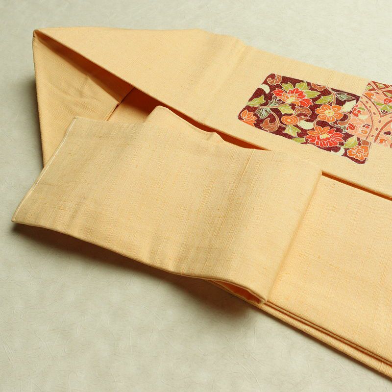 名古屋帯 太鼓柄 良品 しつけ糸付き 正絹 花柄 名古屋仕立て なごや帯 リサイクル帯 帯 金彩 モダン 橙_画像20