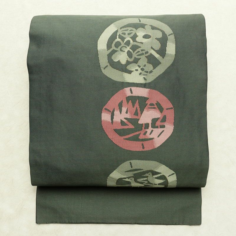 名古屋帯 太鼓柄 正絹 古典柄 名古屋仕立て なごや帯 リサイクル帯 帯 金糸 シンプル 緑・うぐいす色_画像1