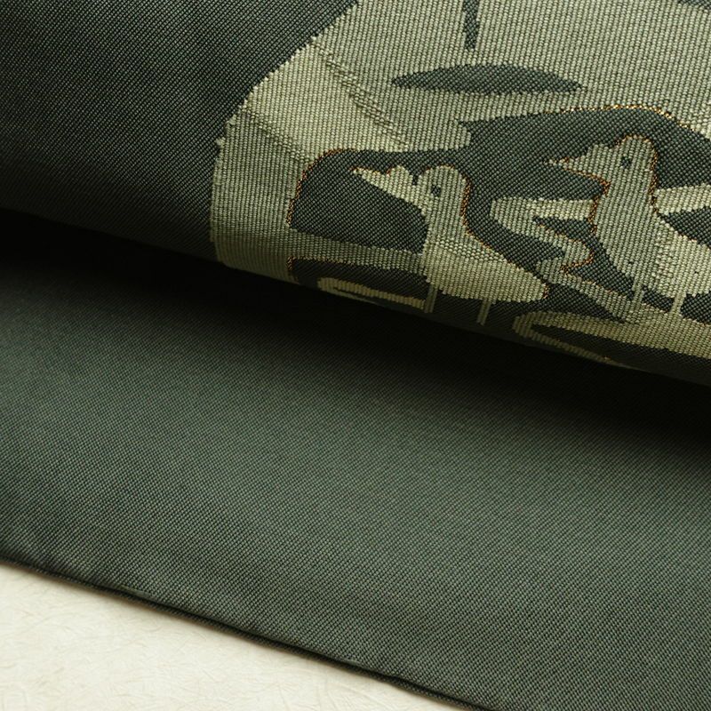 名古屋帯 太鼓柄 正絹 古典柄 名古屋仕立て なごや帯 リサイクル帯 帯 金糸 シンプル 緑・うぐいす色_画像7