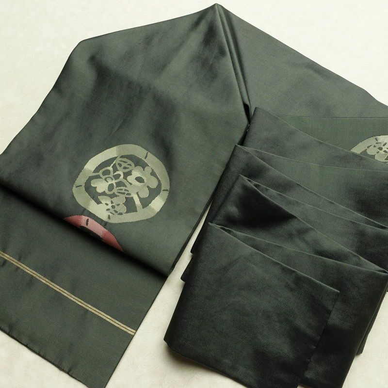 名古屋帯 太鼓柄 正絹 古典柄 名古屋仕立て なごや帯 リサイクル帯 帯 金糸 シンプル 緑・うぐいす色_画像18