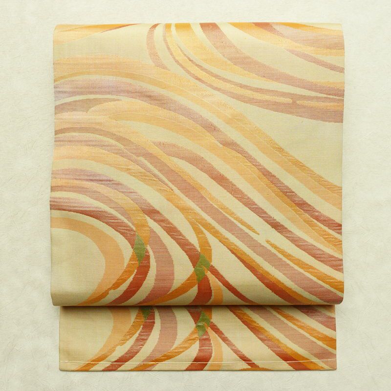 名古屋帯 六通柄 正絹 流水・波柄 名古屋仕立て なごや帯 リサイクル帯 帯 黄・黄土色_画像1