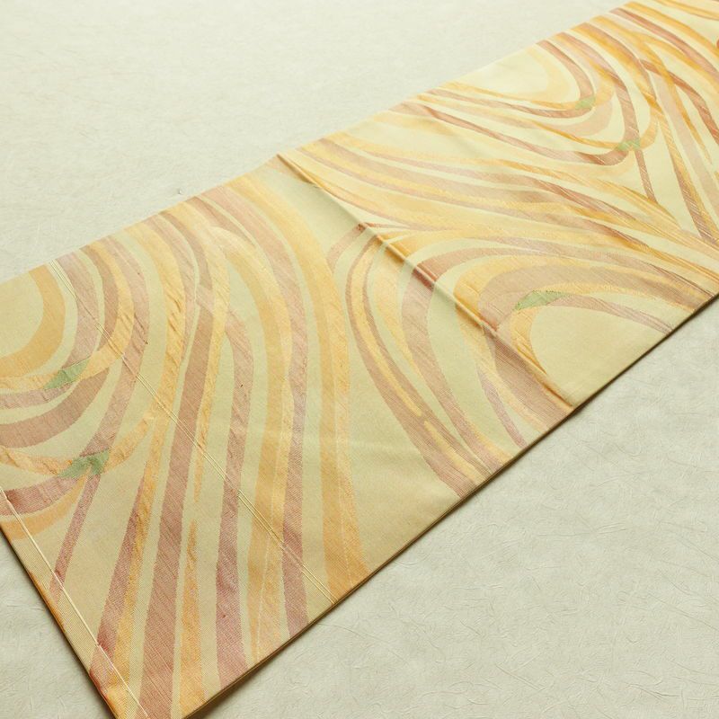 名古屋帯 六通柄 正絹 流水・波柄 名古屋仕立て なごや帯 リサイクル帯 帯 黄・黄土色_画像8