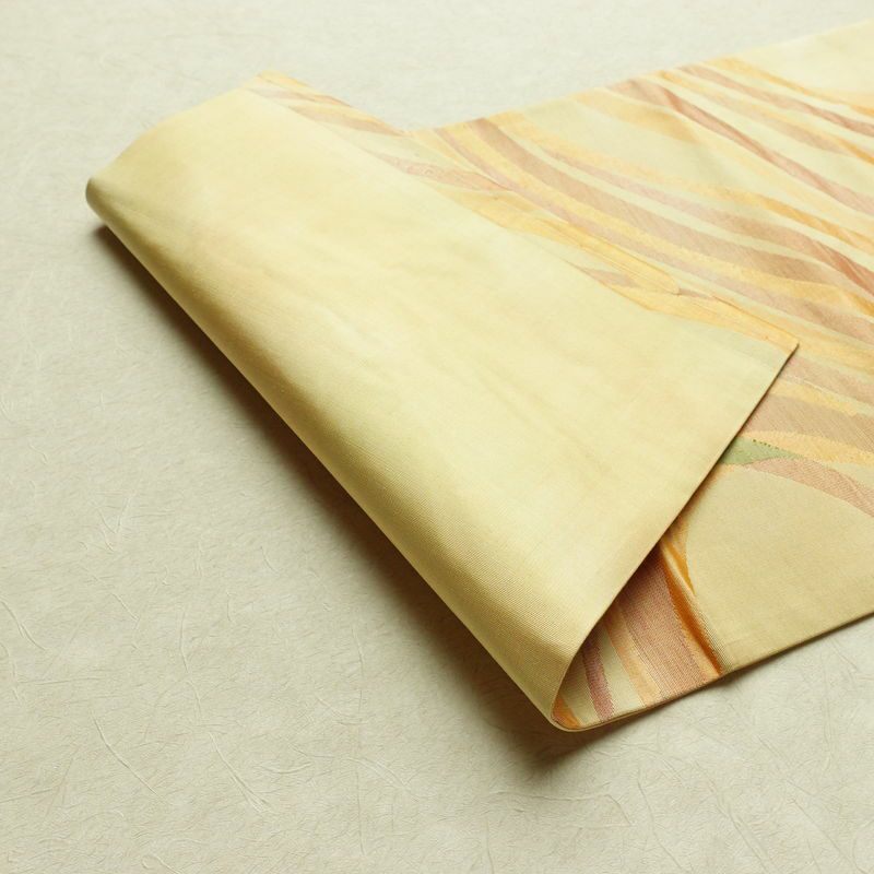 名古屋帯 六通柄 正絹 流水・波柄 名古屋仕立て なごや帯 リサイクル帯 帯 黄・黄土色_画像9