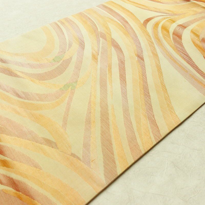 名古屋帯 六通柄 正絹 流水・波柄 名古屋仕立て なごや帯 リサイクル帯 帯 黄・黄土色_画像11