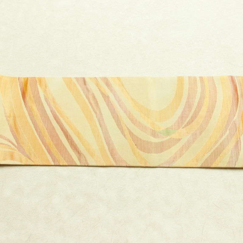 名古屋帯 六通柄 正絹 流水・波柄 名古屋仕立て なごや帯 リサイクル帯 帯 黄・黄土色_画像13