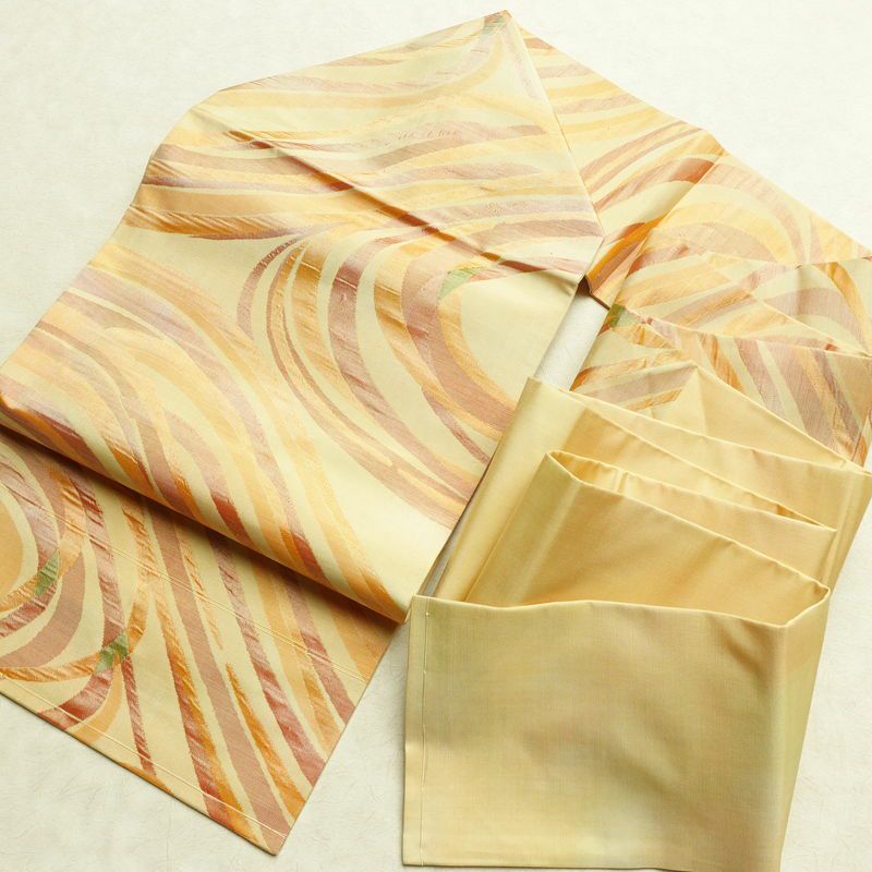 名古屋帯 六通柄 正絹 流水・波柄 名古屋仕立て なごや帯 リサイクル帯 帯 黄・黄土色_画像17