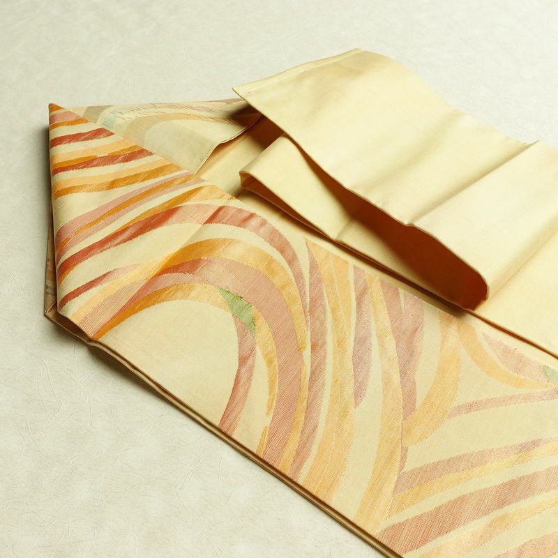 名古屋帯 六通柄 正絹 流水・波柄 名古屋仕立て なごや帯 リサイクル帯 帯 黄・黄土色_画像21