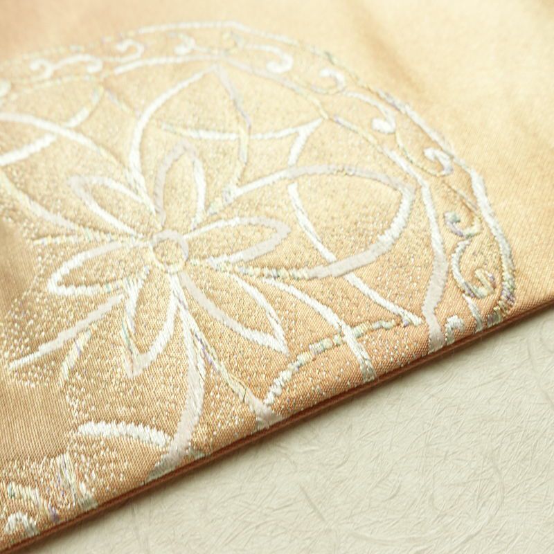 名古屋帯 太鼓柄 良品 正絹 幾何学柄・抽象柄 名古屋仕立て なごや帯 リサイクル帯 帯 ピンクベージュ ベージュ_画像12