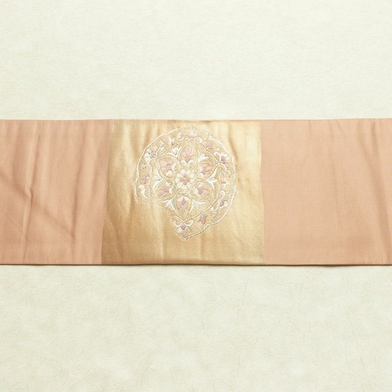 名古屋帯 太鼓柄 良品 正絹 幾何学柄・抽象柄 名古屋仕立て なごや帯 リサイクル帯 帯 ピンクベージュ ベージュ_画像13