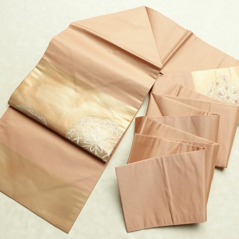 名古屋帯 太鼓柄 良品 正絹 幾何学柄・抽象柄 名古屋仕立て なごや帯 リサイクル帯 帯 ピンクベージュ ベージュ_画像16