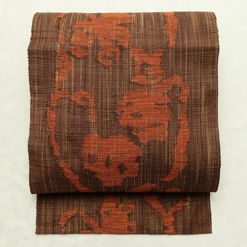 名古屋帯 六通柄 正絹 幾何学柄・抽象柄 松葉仕立て なごや帯 リサイクル帯 帯 紬地 茶_画像1