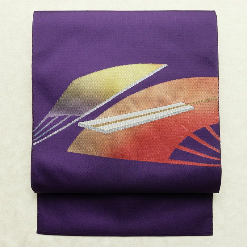 名古屋帯 太鼓柄 正絹 古典柄 松葉仕立て なごや帯 リサイクル帯 帯 引箔 扇子 紫・藤色_画像1