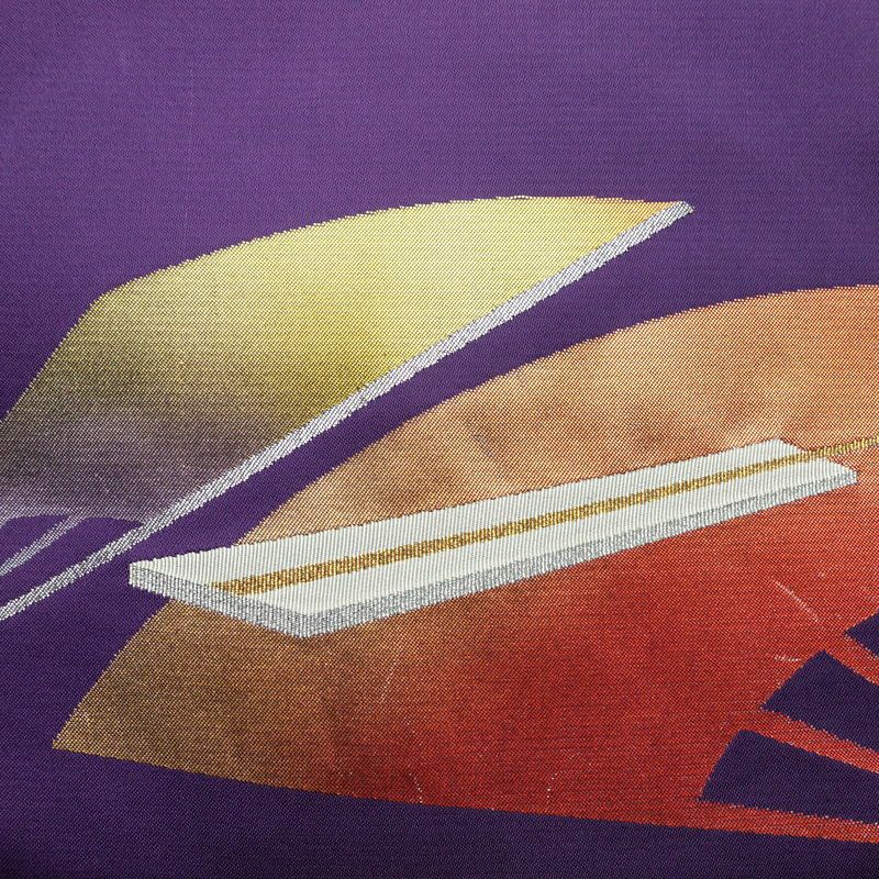 名古屋帯 太鼓柄 正絹 古典柄 松葉仕立て なごや帯 リサイクル帯 帯 引箔 扇子 紫・藤色_画像2