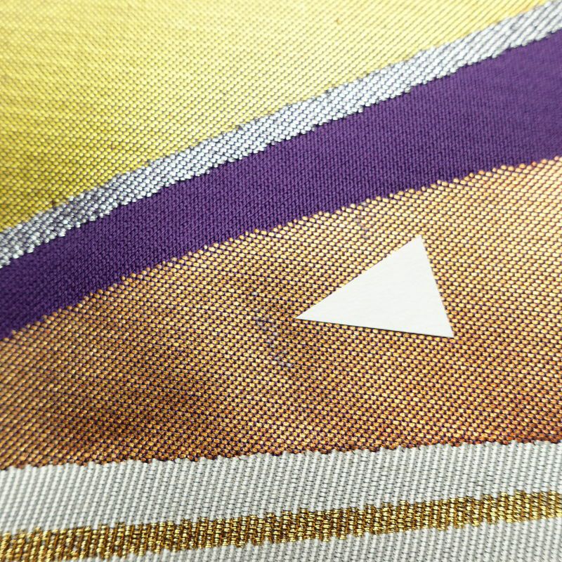 名古屋帯 太鼓柄 正絹 古典柄 松葉仕立て なごや帯 リサイクル帯 帯 引箔 扇子 紫・藤色_画像4