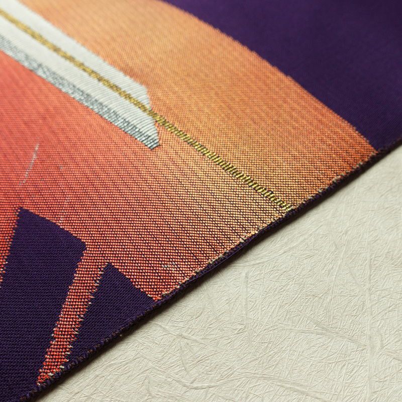 名古屋帯 太鼓柄 正絹 古典柄 松葉仕立て なごや帯 リサイクル帯 帯 引箔 扇子 紫・藤色_画像12