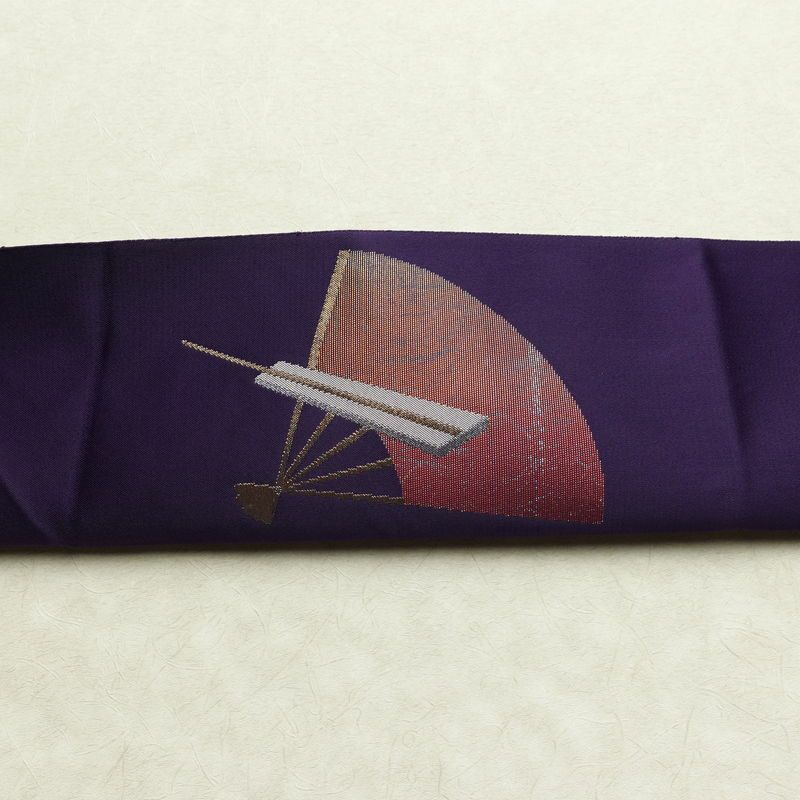名古屋帯 太鼓柄 正絹 古典柄 松葉仕立て なごや帯 リサイクル帯 帯 引箔 扇子 紫・藤色_画像13