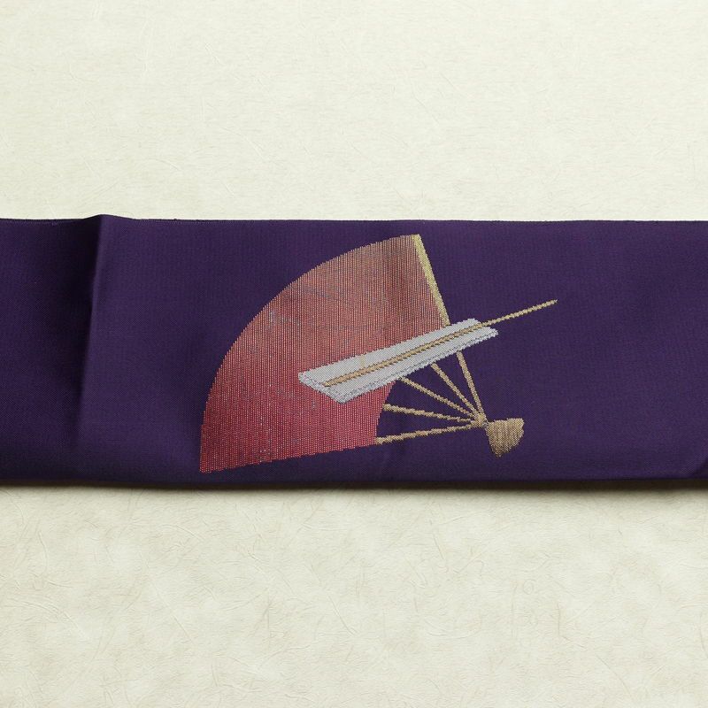 名古屋帯 太鼓柄 正絹 古典柄 松葉仕立て なごや帯 リサイクル帯 帯 引箔 扇子 紫・藤色_画像14