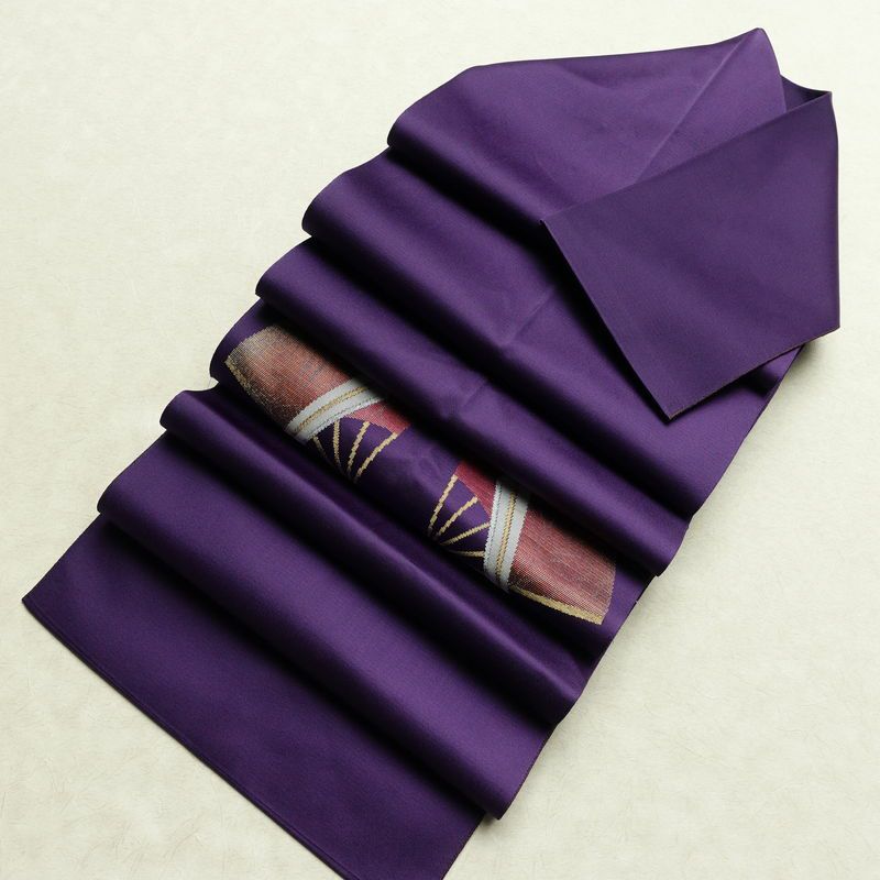 名古屋帯 太鼓柄 正絹 古典柄 松葉仕立て なごや帯 リサイクル帯 帯 引箔 扇子 紫・藤色_画像17