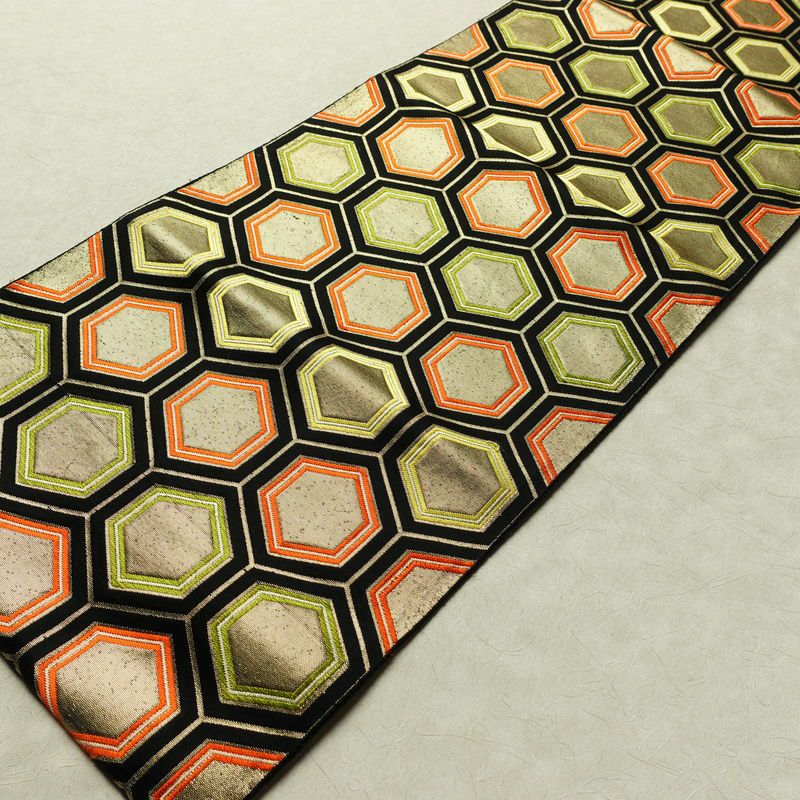 名古屋帯 六通柄 正絹 亀甲柄 名古屋仕立て なごや帯 リサイクル帯 帯 引箔 黒_画像8