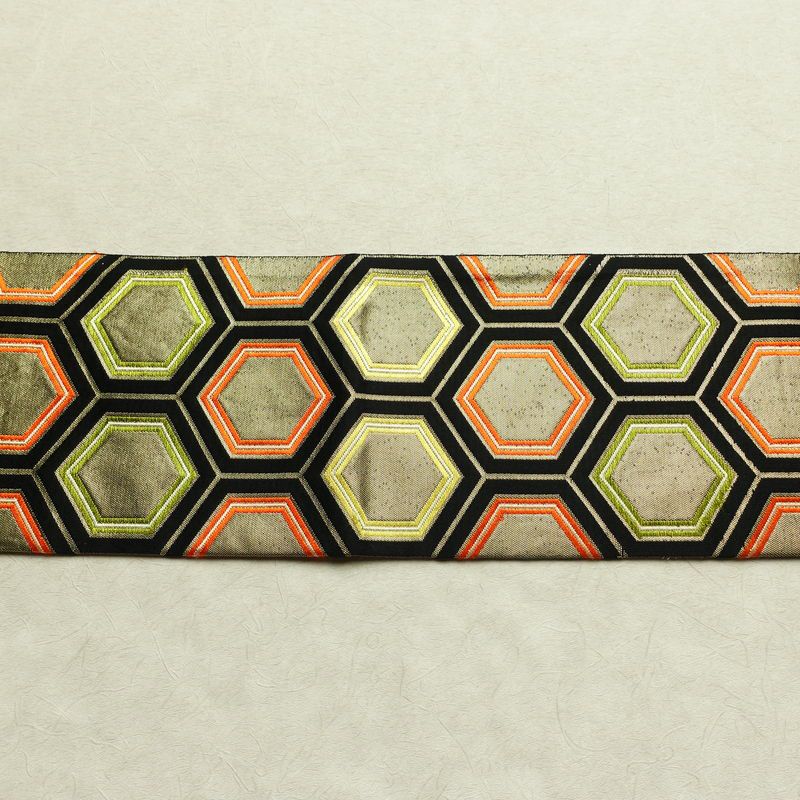 名古屋帯 六通柄 正絹 亀甲柄 名古屋仕立て なごや帯 リサイクル帯 帯 引箔 黒_画像11