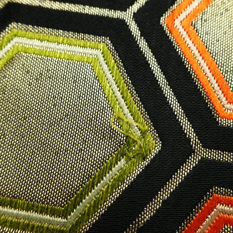 名古屋帯 六通柄 正絹 亀甲柄 名古屋仕立て なごや帯 リサイクル帯 帯 引箔 黒_画像14