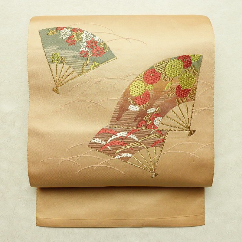 名古屋帯 太鼓柄 正絹 古典柄 名古屋仕立て シンプル 扇子 ベージュ_画像1