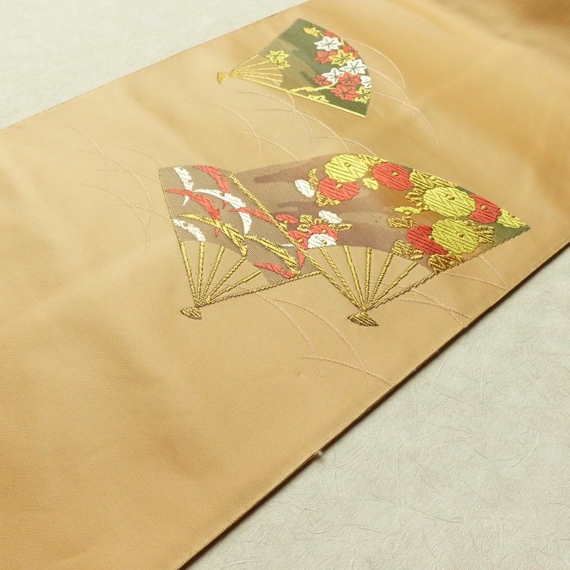 名古屋帯 太鼓柄 正絹 古典柄 名古屋仕立て シンプル 扇子 ベージュ_画像11