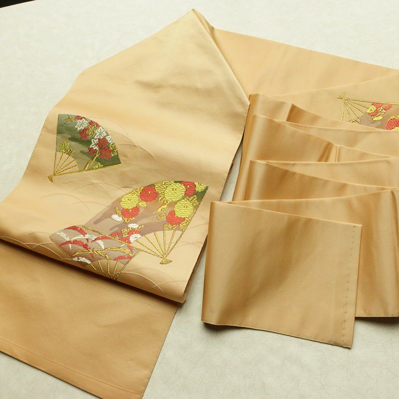 名古屋帯 太鼓柄 正絹 古典柄 名古屋仕立て シンプル 扇子 ベージュ_画像18