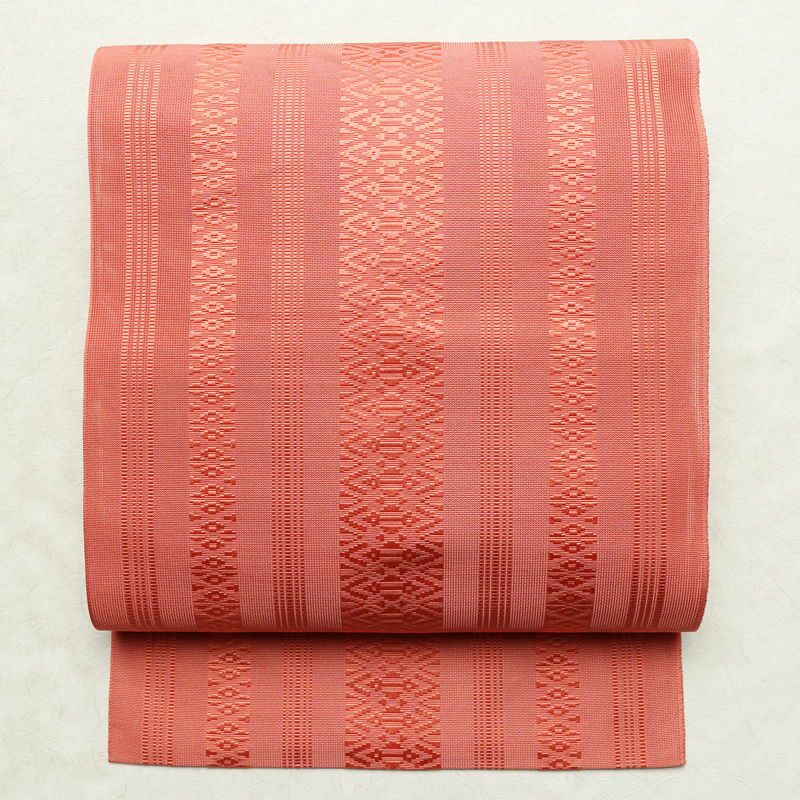 名古屋帯 全通柄 良品 夏用 正絹 縞柄・線柄 松葉仕立て なごや帯 リサイクル帯 ピンク 帯_画像1