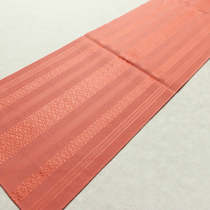 名古屋帯 全通柄 良品 夏用 正絹 縞柄・線柄 松葉仕立て なごや帯 リサイクル帯 ピンク 帯_画像8