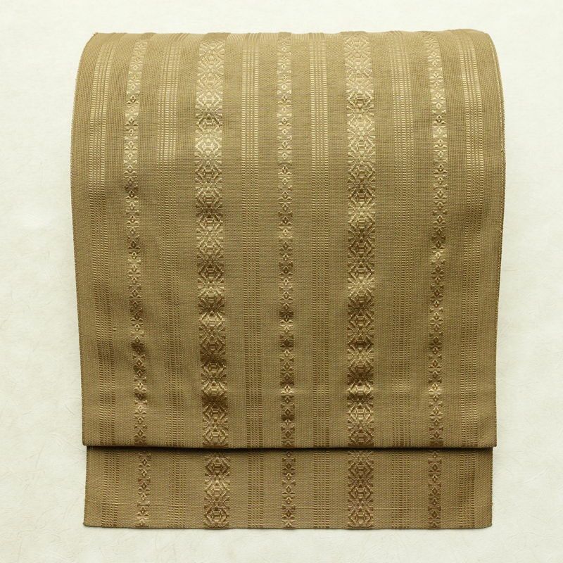 名古屋帯 全通柄 夏用 ポリエステル 縞柄・線柄 松葉仕立て なごや帯 リサイクル帯 帯 黄・黄土色_画像1