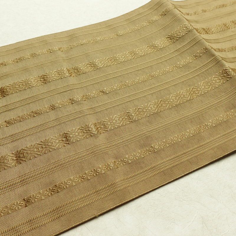 名古屋帯 全通柄 夏用 ポリエステル 縞柄・線柄 松葉仕立て なごや帯 リサイクル帯 帯 黄・黄土色_画像11