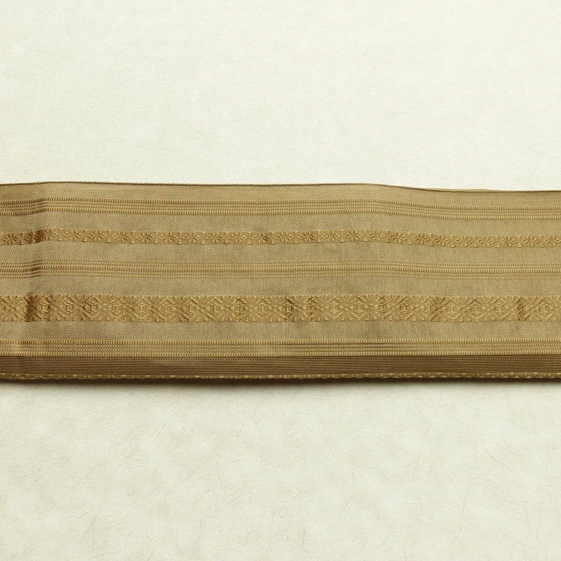 名古屋帯 全通柄 夏用 ポリエステル 縞柄・線柄 松葉仕立て なごや帯 リサイクル帯 帯 黄・黄土色_画像13