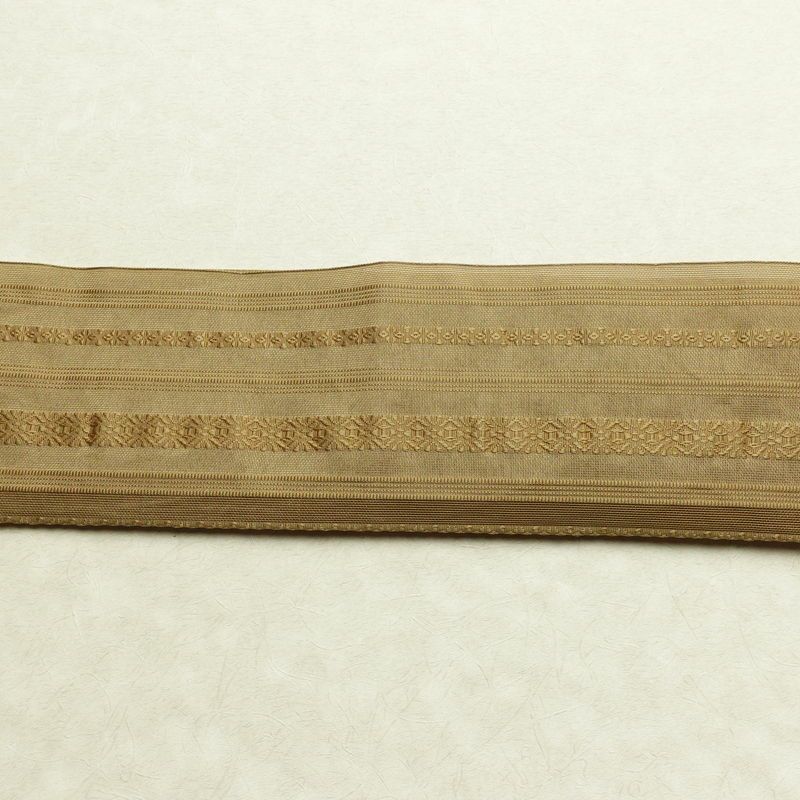 名古屋帯 全通柄 夏用 ポリエステル 縞柄・線柄 松葉仕立て なごや帯 リサイクル帯 帯 黄・黄土色_画像14