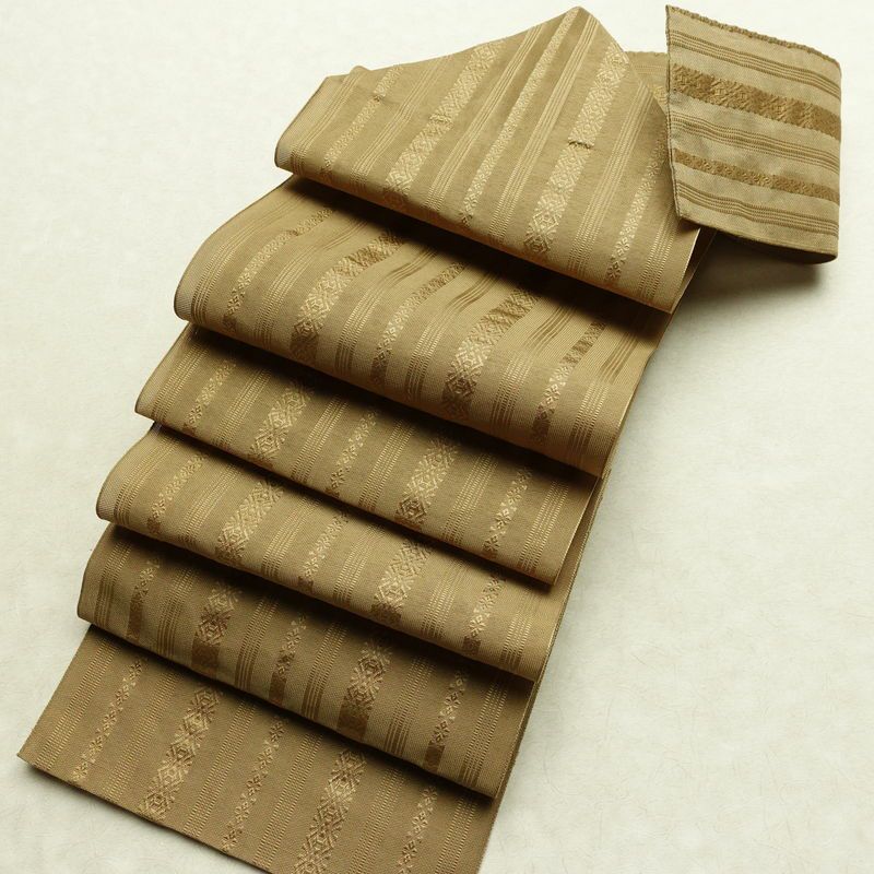 名古屋帯 全通柄 夏用 ポリエステル 縞柄・線柄 松葉仕立て なごや帯 リサイクル帯 帯 黄・黄土色_画像19