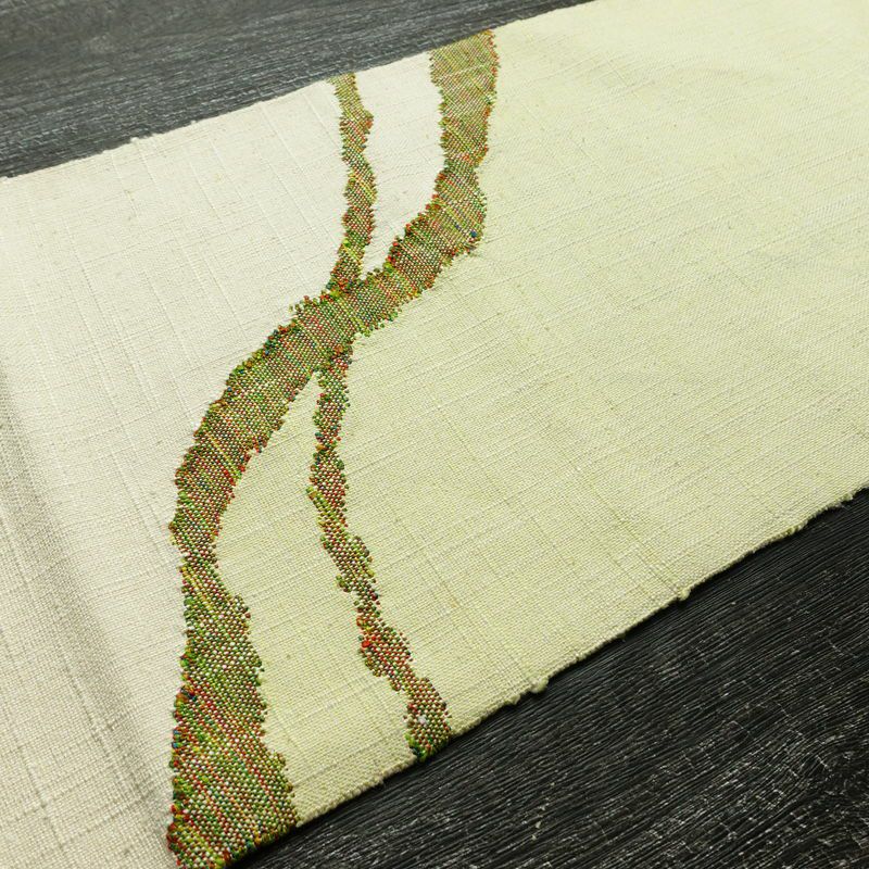 名古屋帯 太鼓柄 正絹 幾何学柄・抽象柄 松葉仕立て なごや帯 リサイクル帯 帯 紬地 緑・うぐいす色_画像11