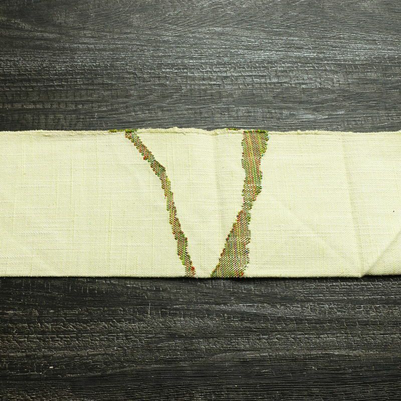 名古屋帯 太鼓柄 正絹 幾何学柄・抽象柄 松葉仕立て なごや帯 リサイクル帯 帯 紬地 緑・うぐいす色_画像14