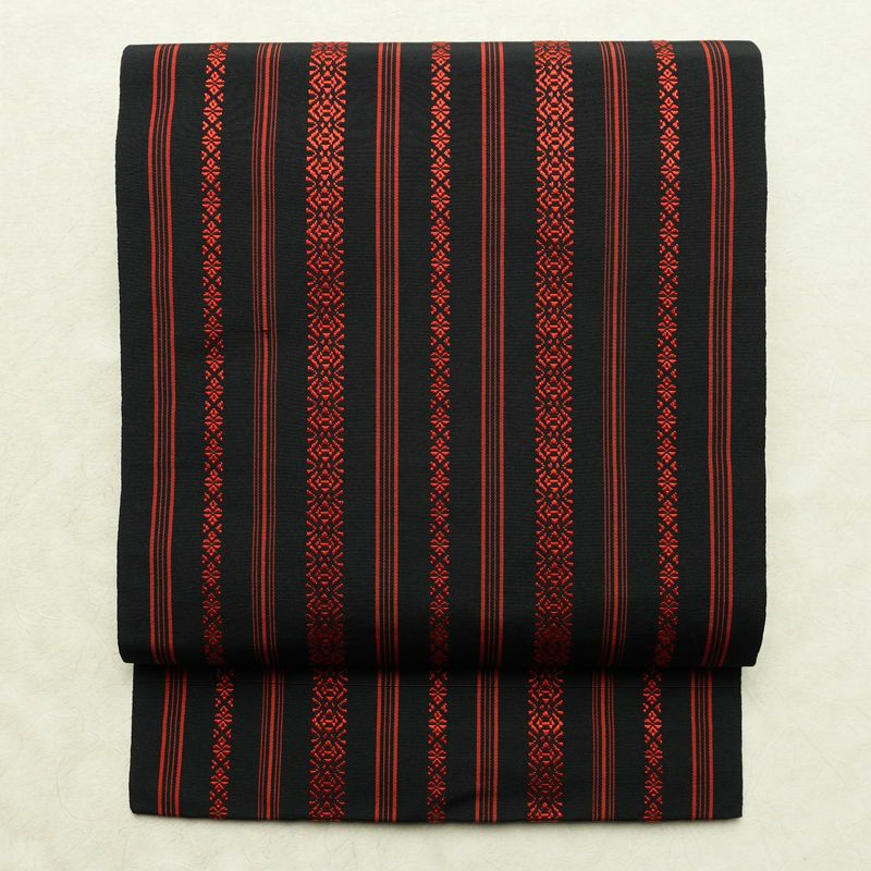 名古屋帯 全通柄 良品 正絹 縞柄・線柄 松葉仕立て なごや帯 リサイクル帯 帯 黒_画像1