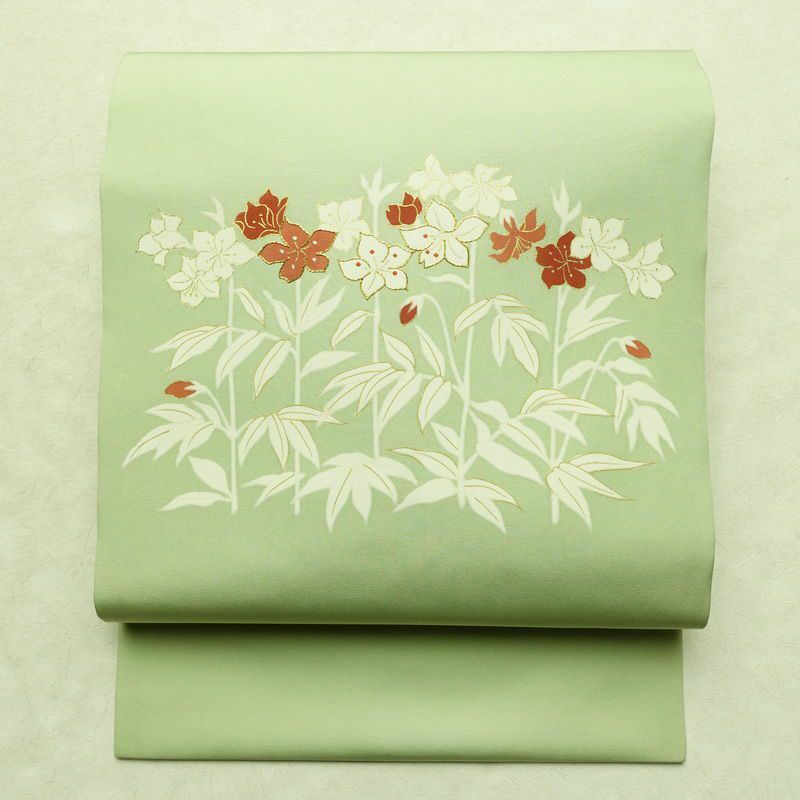 名古屋帯 太鼓柄 良品 金駒刺繍 正絹 花柄 名古屋仕立て なごや帯 リサイクル帯 帯 刺繍 金彩 上品 緑・うぐいす色_画像1