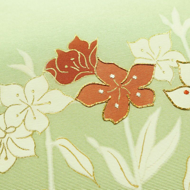 名古屋帯 太鼓柄 良品 金駒刺繍 正絹 花柄 名古屋仕立て なごや帯 リサイクル帯 帯 刺繍 金彩 上品 緑・うぐいす色_画像3