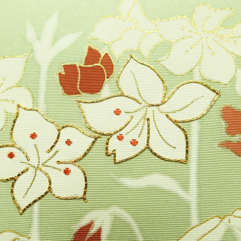 名古屋帯 太鼓柄 良品 金駒刺繍 正絹 花柄 名古屋仕立て なごや帯 リサイクル帯 帯 刺繍 金彩 上品 緑・うぐいす色_画像4