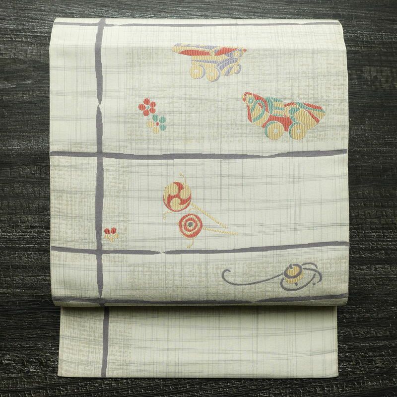 名古屋帯 六通柄 正絹 古典柄 松葉仕立て なごや帯 リサイクル帯 帯 グレー_画像1